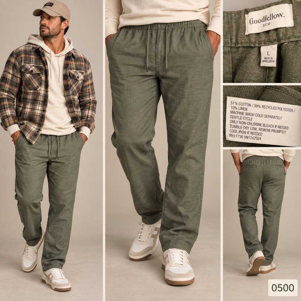 Goodfellow & Co Mens Olive Green Linen Blend Drawstring Herringbone Pants L 0500